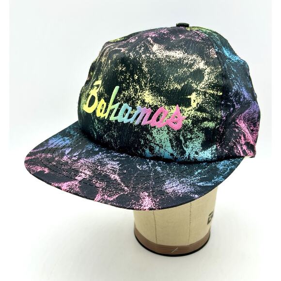 Vintage 80s 90s Bahamas Caribbean Island Nylon Hat Cap Snapback Paint Splatter - Picture 2 of 11